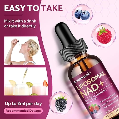 Vista 8 de Suplemento liposomal NAD – 1200 mg NAD+ gotas líquidas para mujeres y hombres con nicotinamida, resveratrol, quercetina, TMG, extracto de pimienta