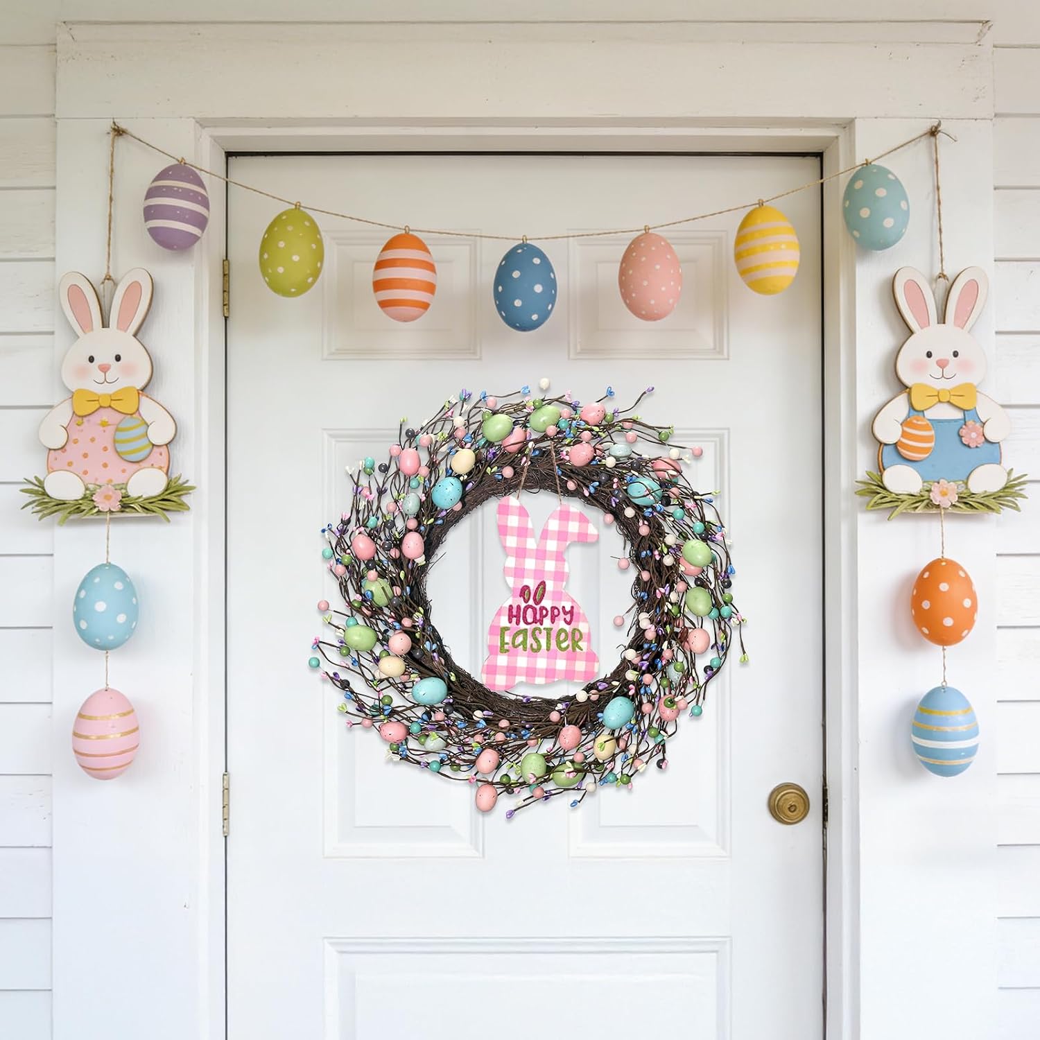 Easter Egg Wreath for Front Door, 20 inch Farmhouse Easter Wreath with Colorful Pastel Eggs, Wooden Rabbit, Spring Wreath for Easter Wall Decor Holiday Decoration