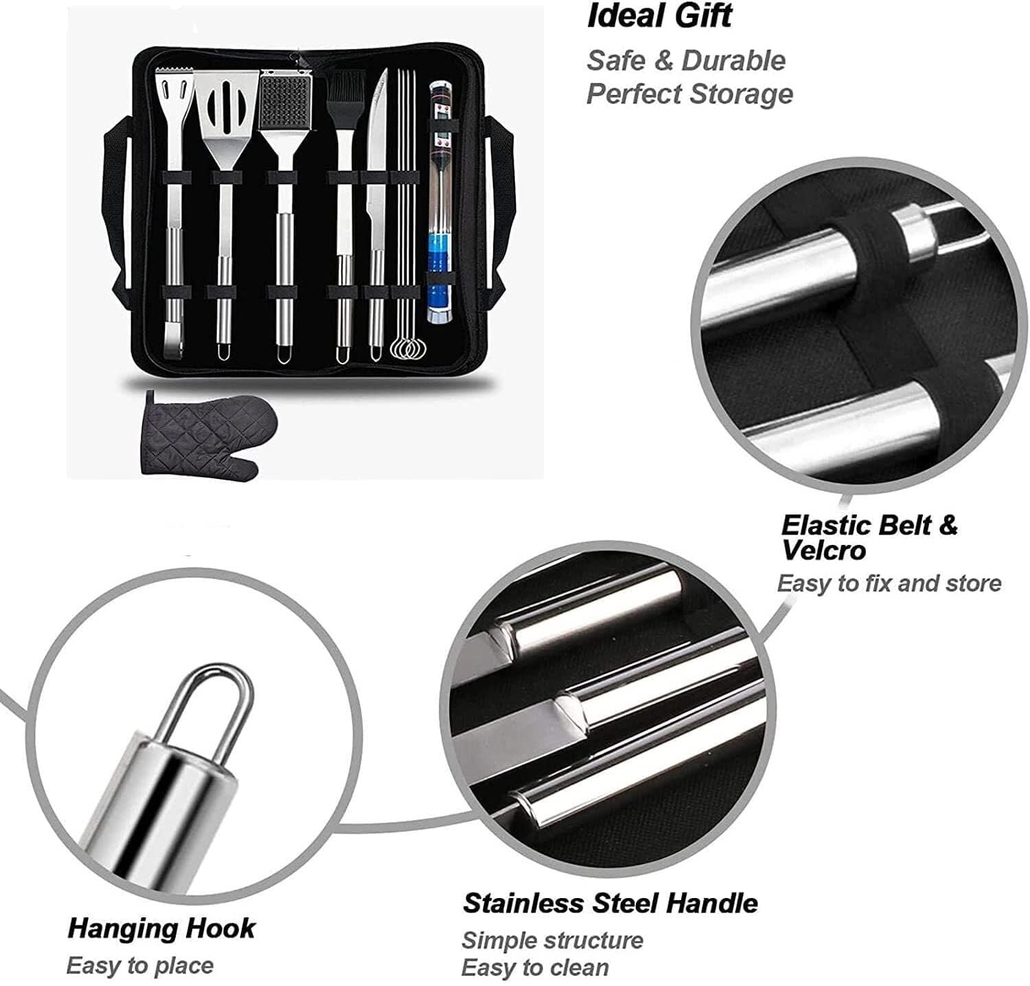 Set di 10 Accessori per Barbecue in Acciaio Inossidabile, Kit per Barbecue all'aperto con termometro per Alimenti, Spazzola e spiedini
