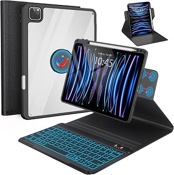 BLUTLOTUS Keyboard Case for iPad Air 11 Air 5th 4th Generation 10.9 inch, Pro 11 1st/2nd/3rd/4th, 360 Rotatable Magnetic Case with Pencil Holder Groove, 7 Color Backlit Wireless Keyboard Black