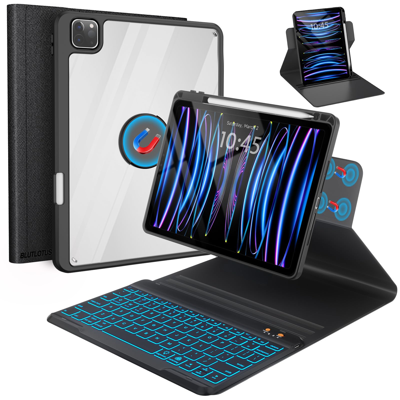 BLUTLOTUS Keyboard Case for iPad Air 11 Air 5th 4th Generation 10.9 inch, Pro 11 1st/2nd/3rd/4th, 360° Rotatable Magnetic Case with Pencil Holder