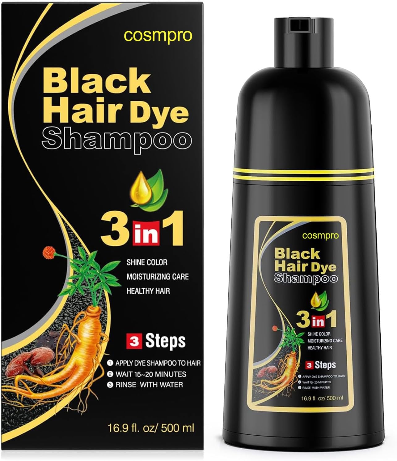 cosmpro Black Hair Dye Shampoo 3 in 1 for Women/Men for Gray Coverage Instant Hair Color Shampoo Semi Permanent Champu Para Cana