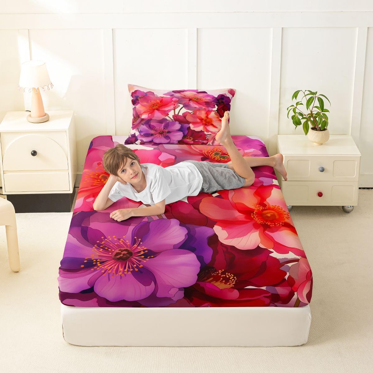 Erosebridal Boho Florals Bed Sheets Twin 60s 70s Groovy Flower Fitted Sheet Watercolor Hippie Funky Flower Bedding Set for Girls Kids Children Teens Adults Pink & Purple Poppy Aesthetics Sheets 2 Pcs image 4