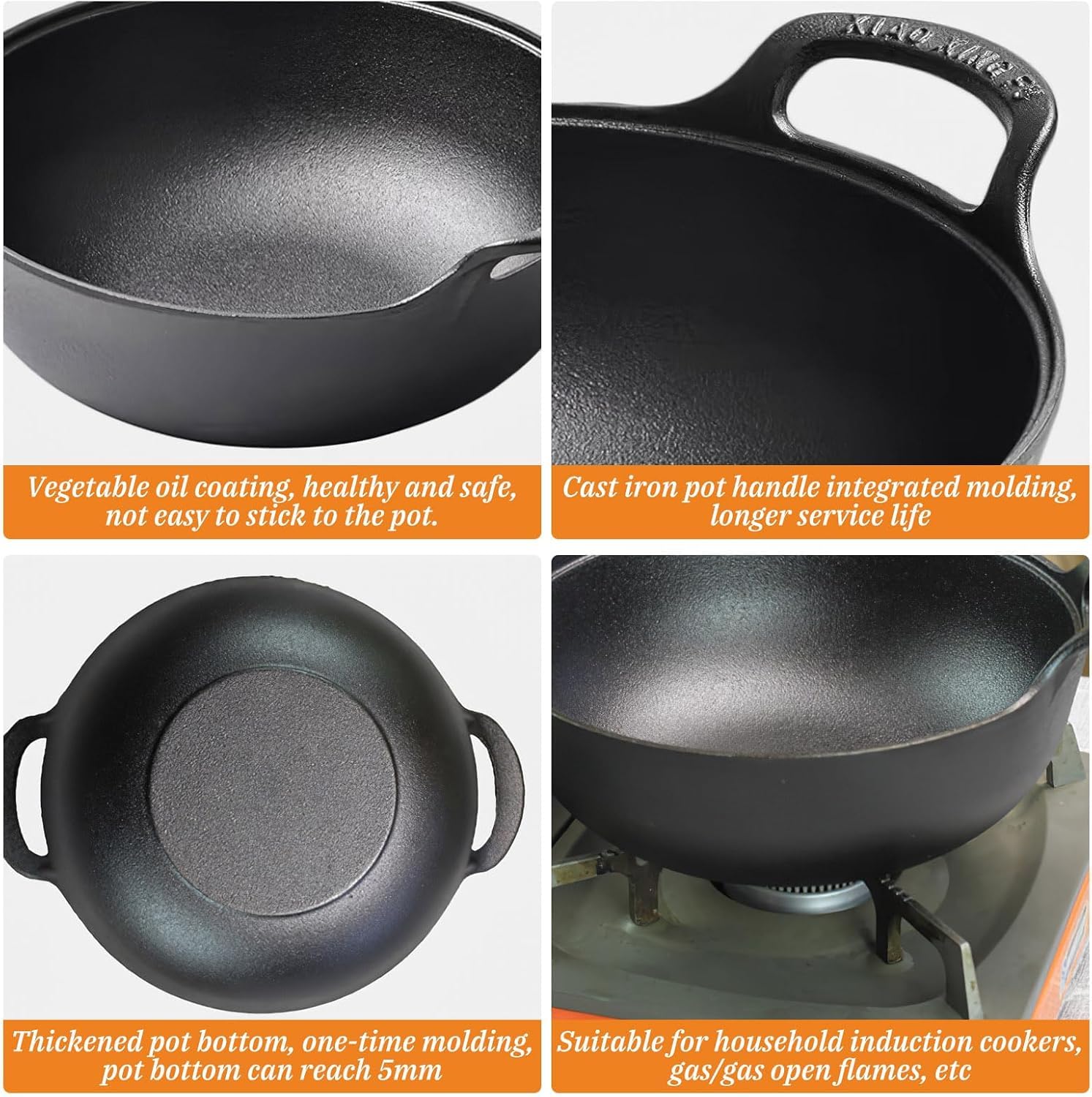TeamSky Wok Wok wok antiadherente de hierro fundido con tapa, sartén con parte inferior plana, utensilios de cocina tradicionales pequeños y resistentes sin revestimiento con asas integrales dobles