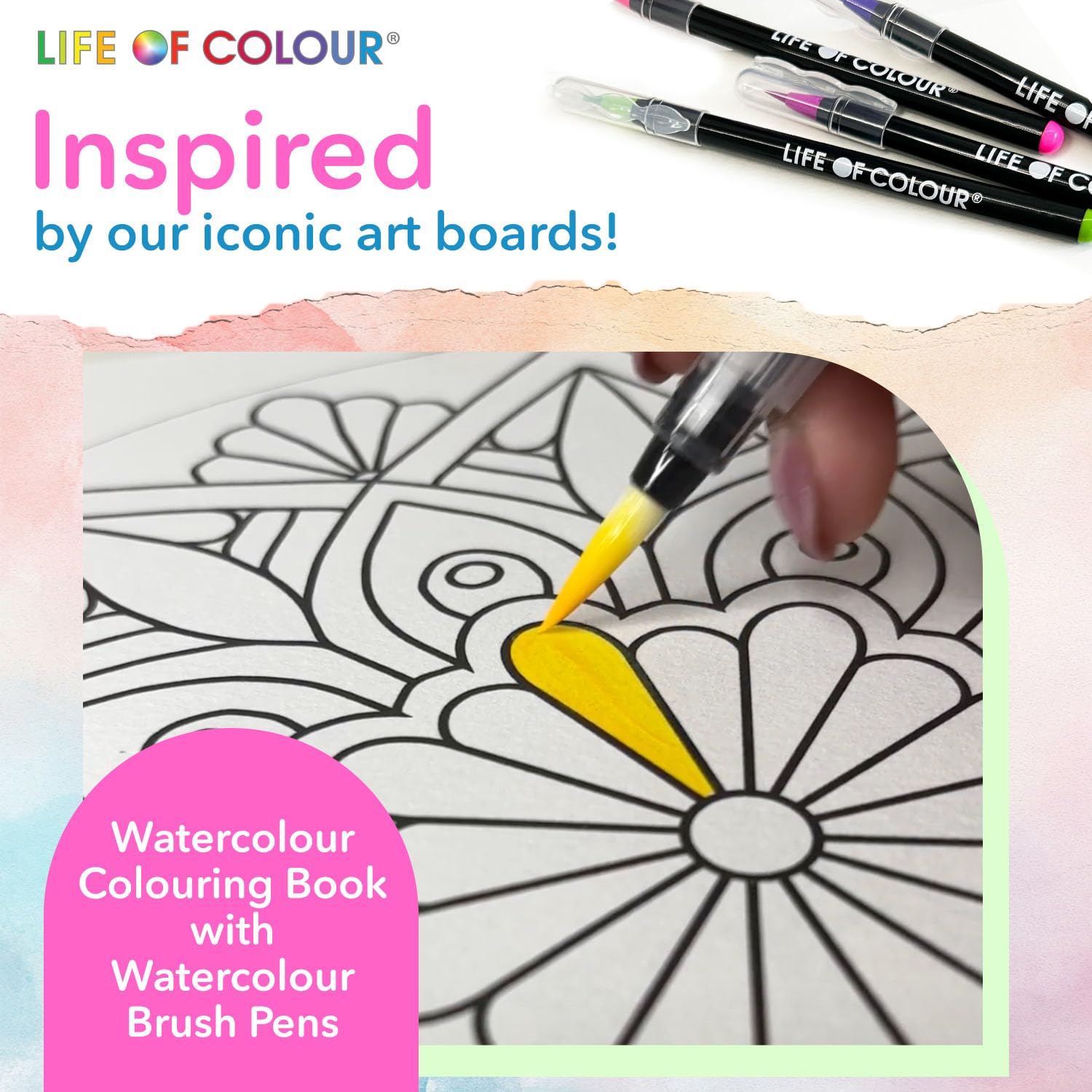 Life of Colour Aquarell-Malbuch – Band 1, inklusive 20 Aquarell-Pinselstiften + nachfüllbarem Wasserpinsel – Aquarellfarben-Set für Erwachsene und Jugendliche, achtsame Kunst und Aquarell-Malbuch-Set