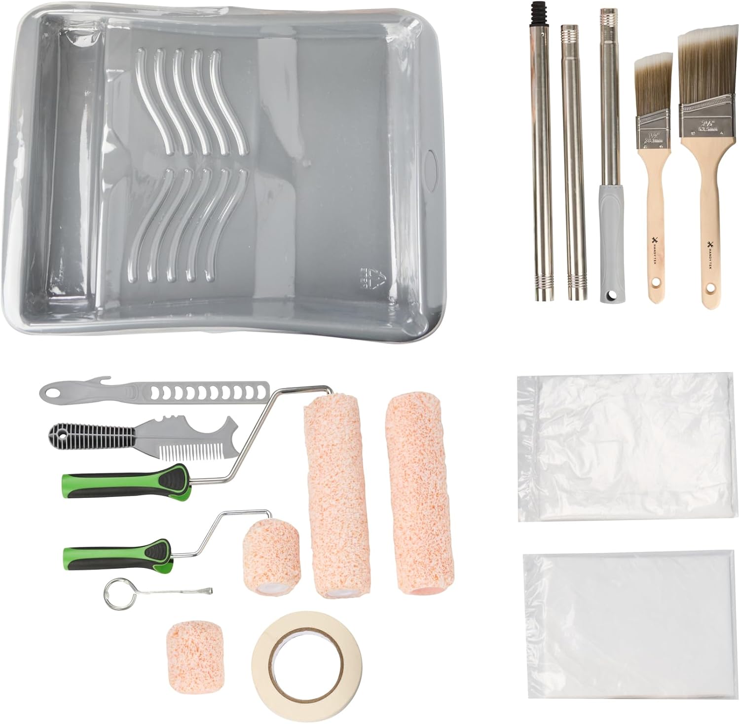 Restaurantware Paint Roller Kit 18-Piece Set 9" 3" Microfiber Covers, Roller Frames, Angled Brushes, Extension Pole, Paint Tray Liners, Drop Cloths, Masking Tape, Stir Bar, Cleaner, Can Opener