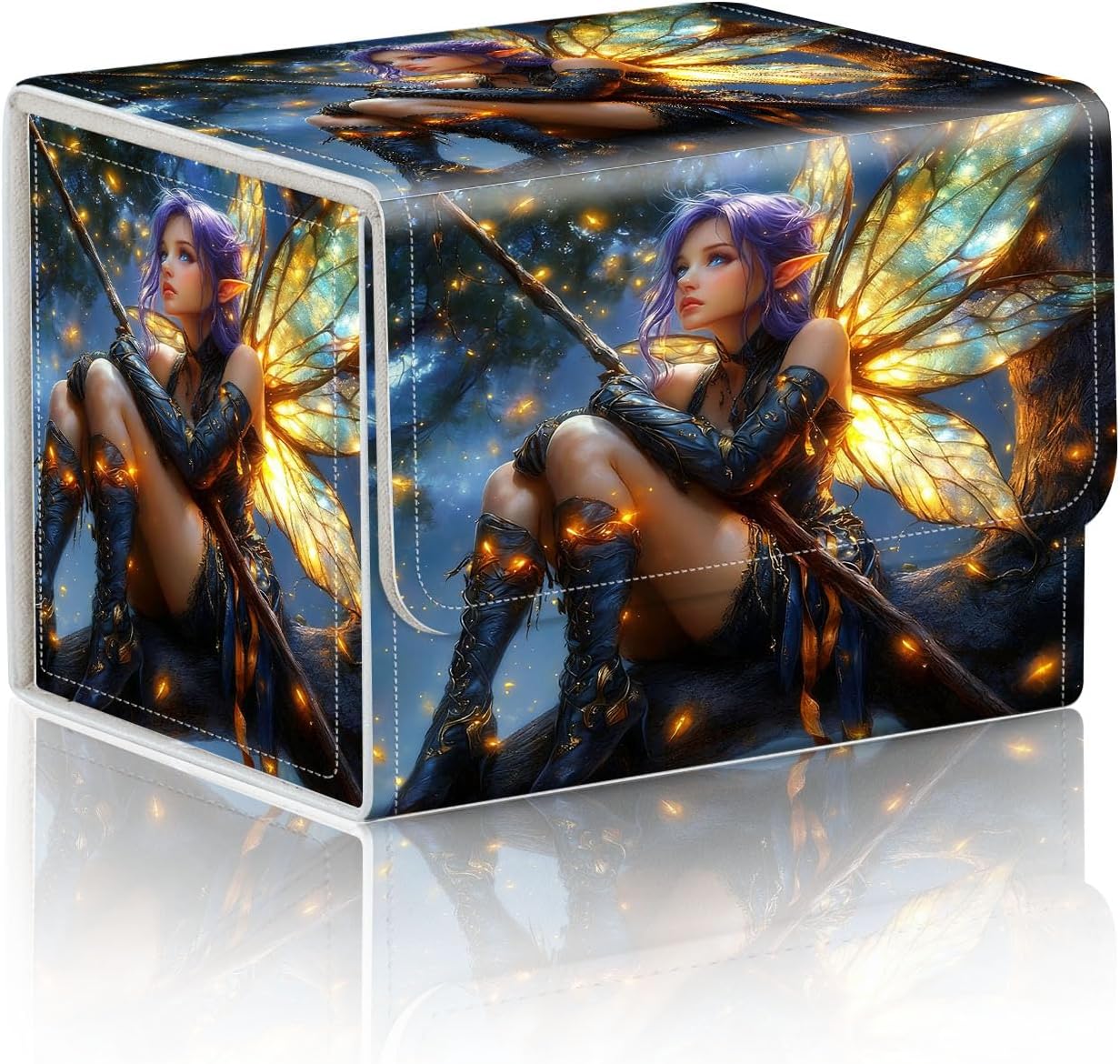 Trading Card Storage Box, Holds 100+ for MTG Cards, Premium PU Leather with Magnetic Closure, Fairy With Luminous Wings Durable Deck Box for Magic the Gathering, Trading Card Games