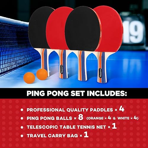 Miniatura 2 de FBSPORT Set de palas de ping pong, juego de tenis de mesa con 4 raquetas y 8 bolas, red retráctil con bolsa de almacenamiento - accesorios de pala