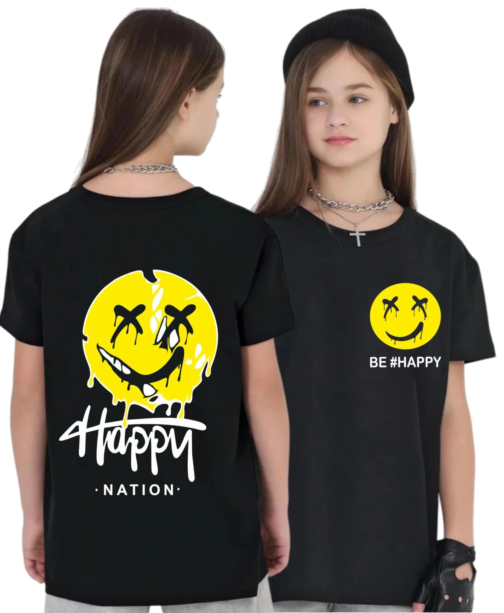 Uniplanet Store t-shirt bambina cotone mezza manica vestibilità normale nero happy emoji