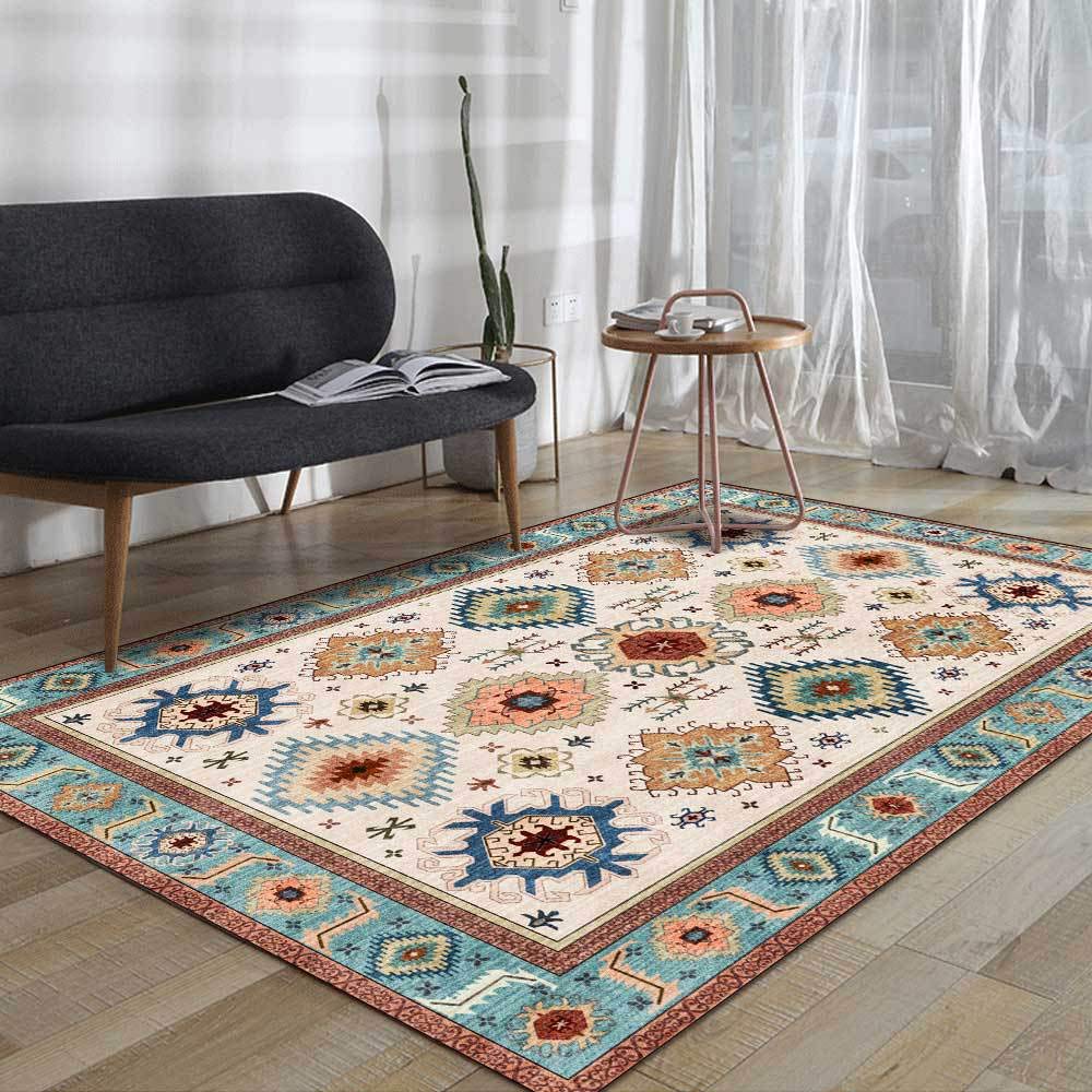 Dywaniki do salonu, antypoślizgowy dywan z krótkim włosiem, zmywalny, dywan podłogowy do sypialni, wystrój domu, dywan, romb, geometryczny etniczny niebieski, 120 x 160 cm