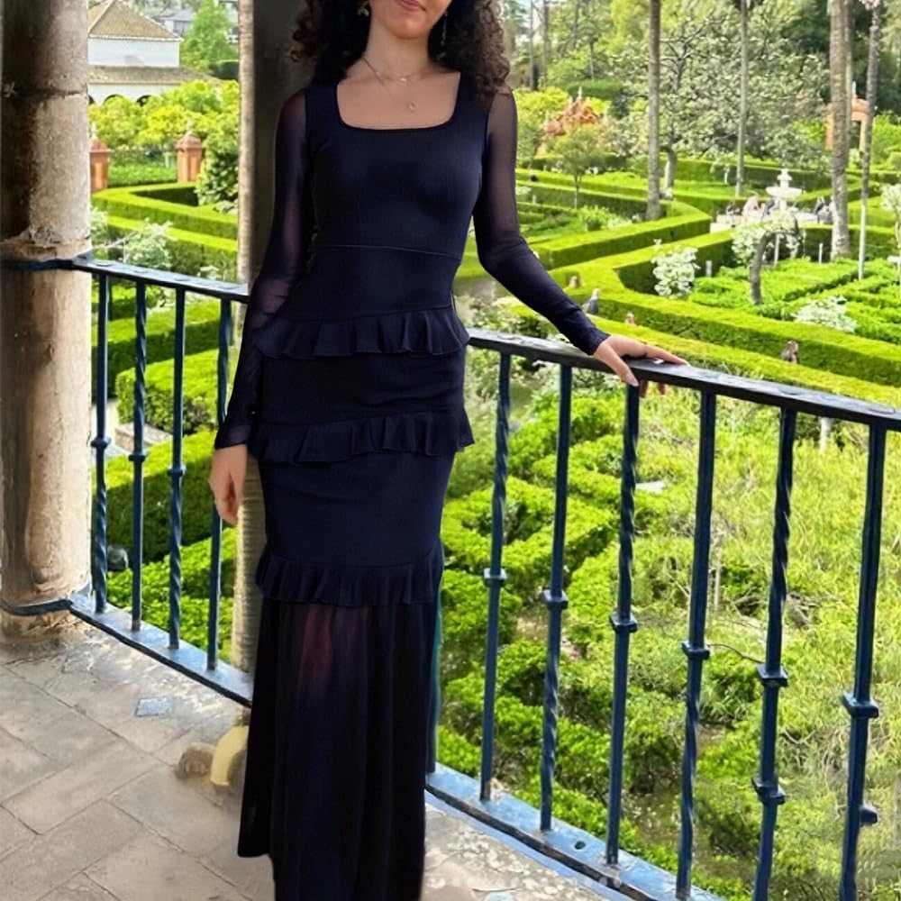 Nova In Sky Women's Wedding Guest Dress Maxi Long Sleeve Mesh Ruffle Formal Bodycon Mermaid Evening Cocktail Long Dress - Image 5