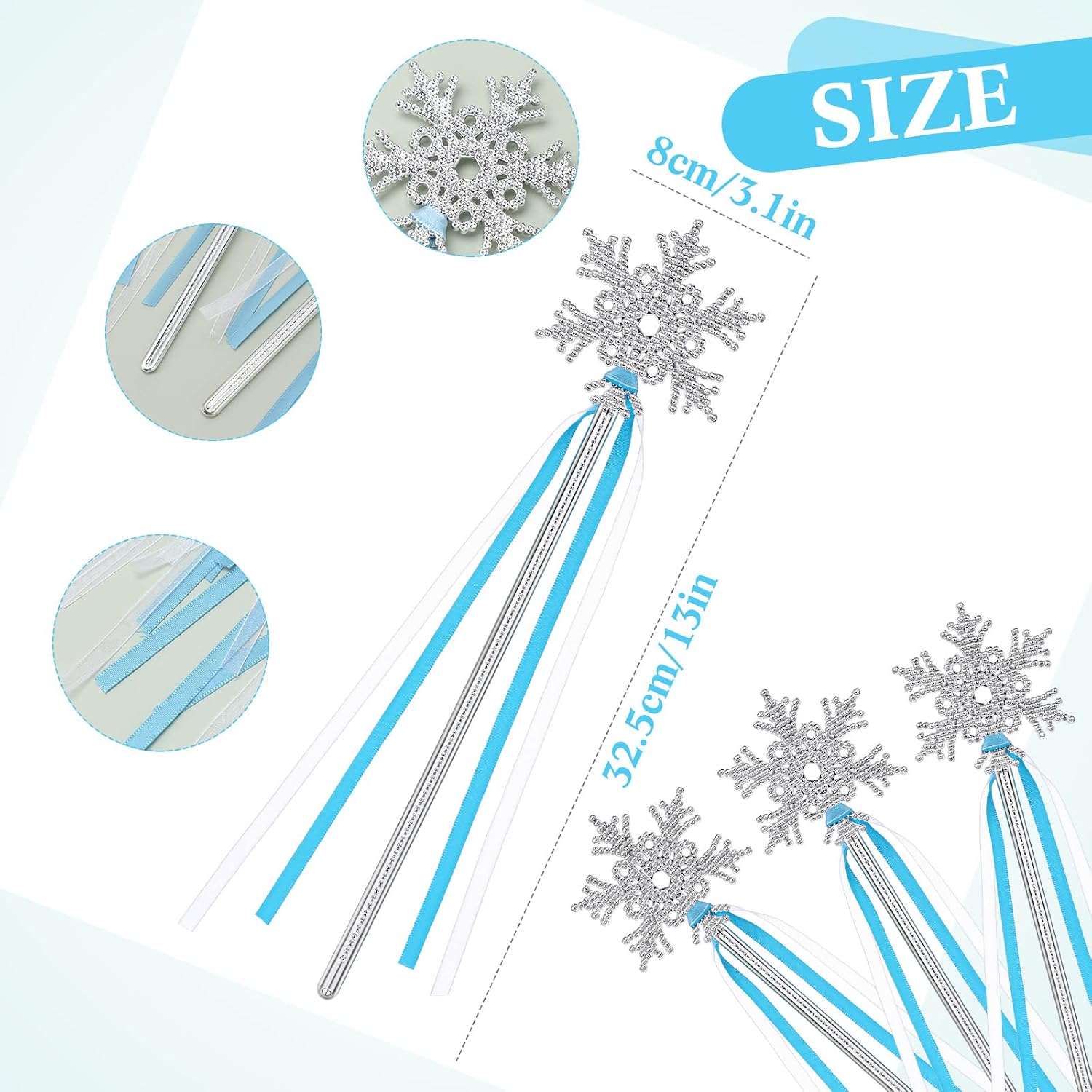Civaner 21 Pcs Snowflake Magic Wands Silver Princess Party Favors | Winter Dress up Wands, Blue White Ribbon Handle, Glitter Snowflake Design, Birthday Party Decor