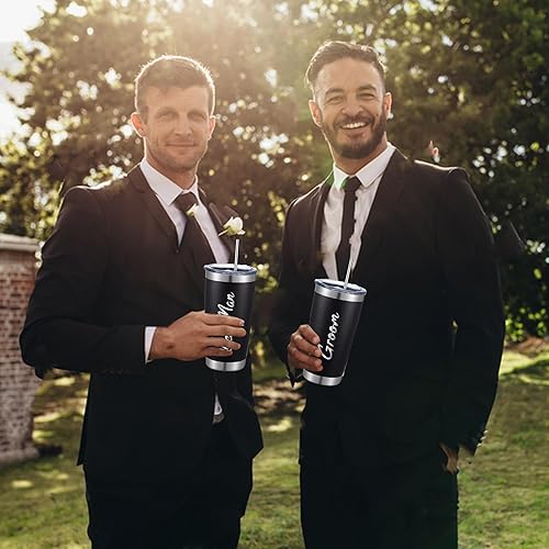 Miniatura 6 de LADY&HOME Juego de 7 vasos de novio y padrinos de boda con tapa y pajilla, vaso de acero inoxidable 20Z con aislamiento al vacío para propuesta de