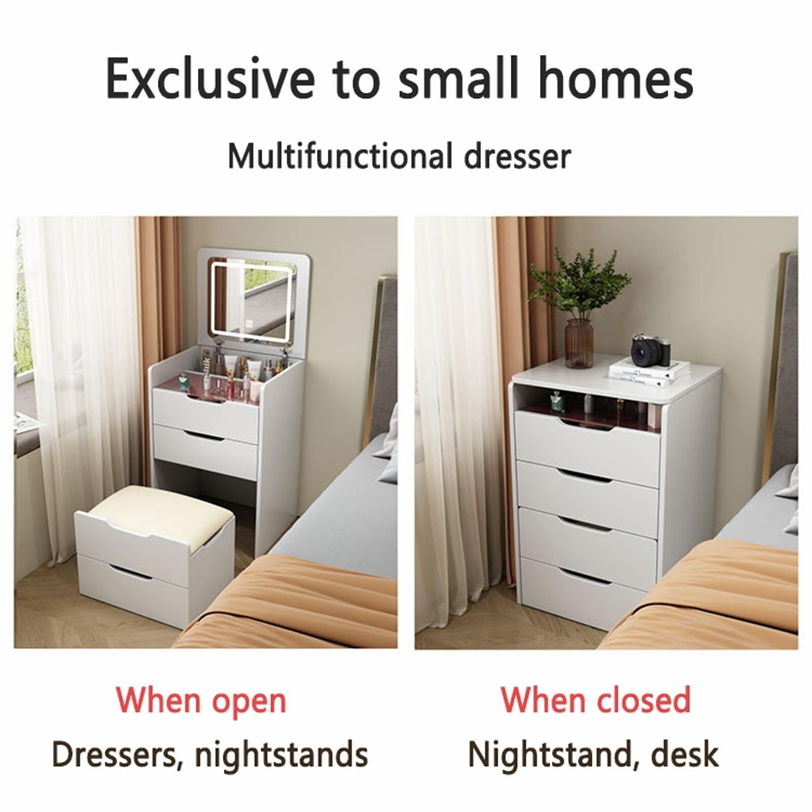 Scrivania Trucco Con Specchio Luci LED E Sedia – Bianca 109 Cm – 3 Cassetti E 2 Armadi Con Presa Di Corrente