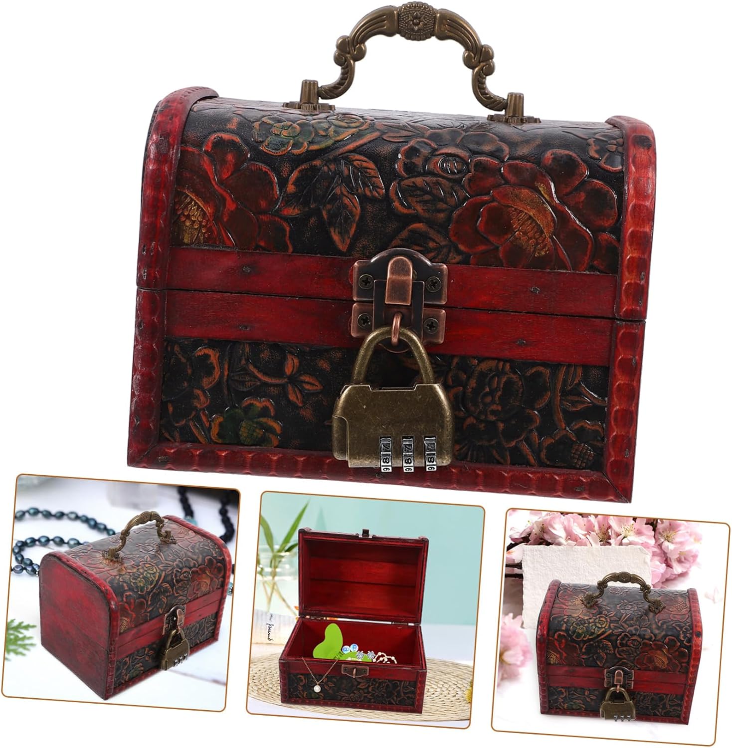 LIFKOME 6115a Vintage Wooden Treasure Chest Jewelry Box with Password Lock Multi-functional Storage Case for Jewelry Trinkets and Keepsakes Great for Decor and Pirate-themed Parties