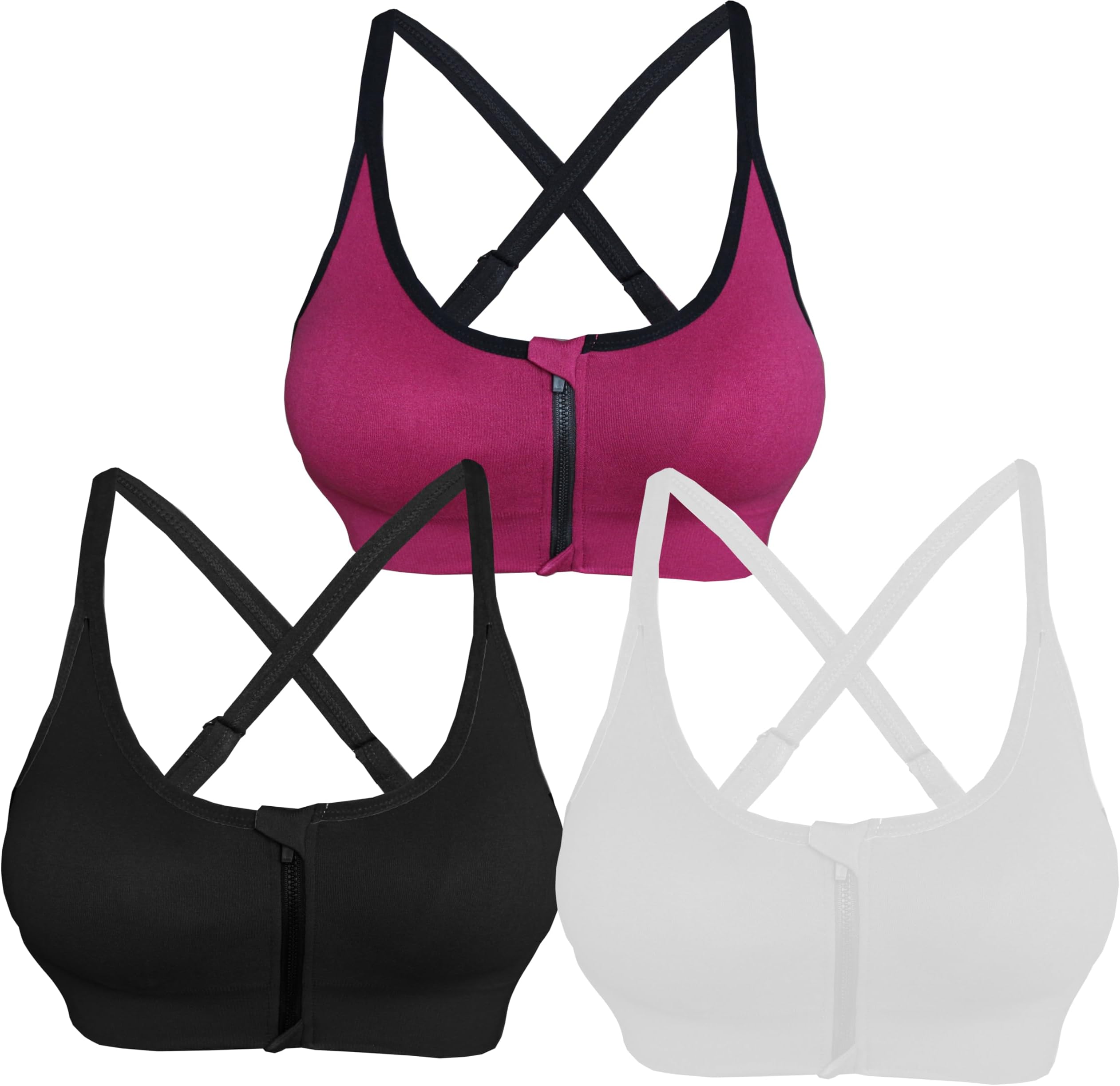 AKAMC3 Pack Women's Medium Support Cross Back Wirefree Removable Cups Yoga Sport Bra