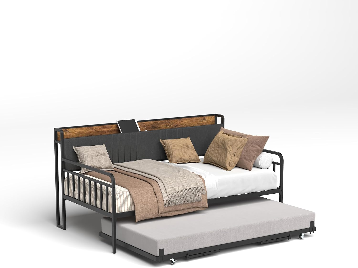 Bellemave Twin Daybed with Trundle and LED Light,Daybed with Pop Up Trundle, Heavy Duty Metal Day Bed Frame with Charging Station and Storage Headboard for Living Room,Bedroom and Guest Room,Black