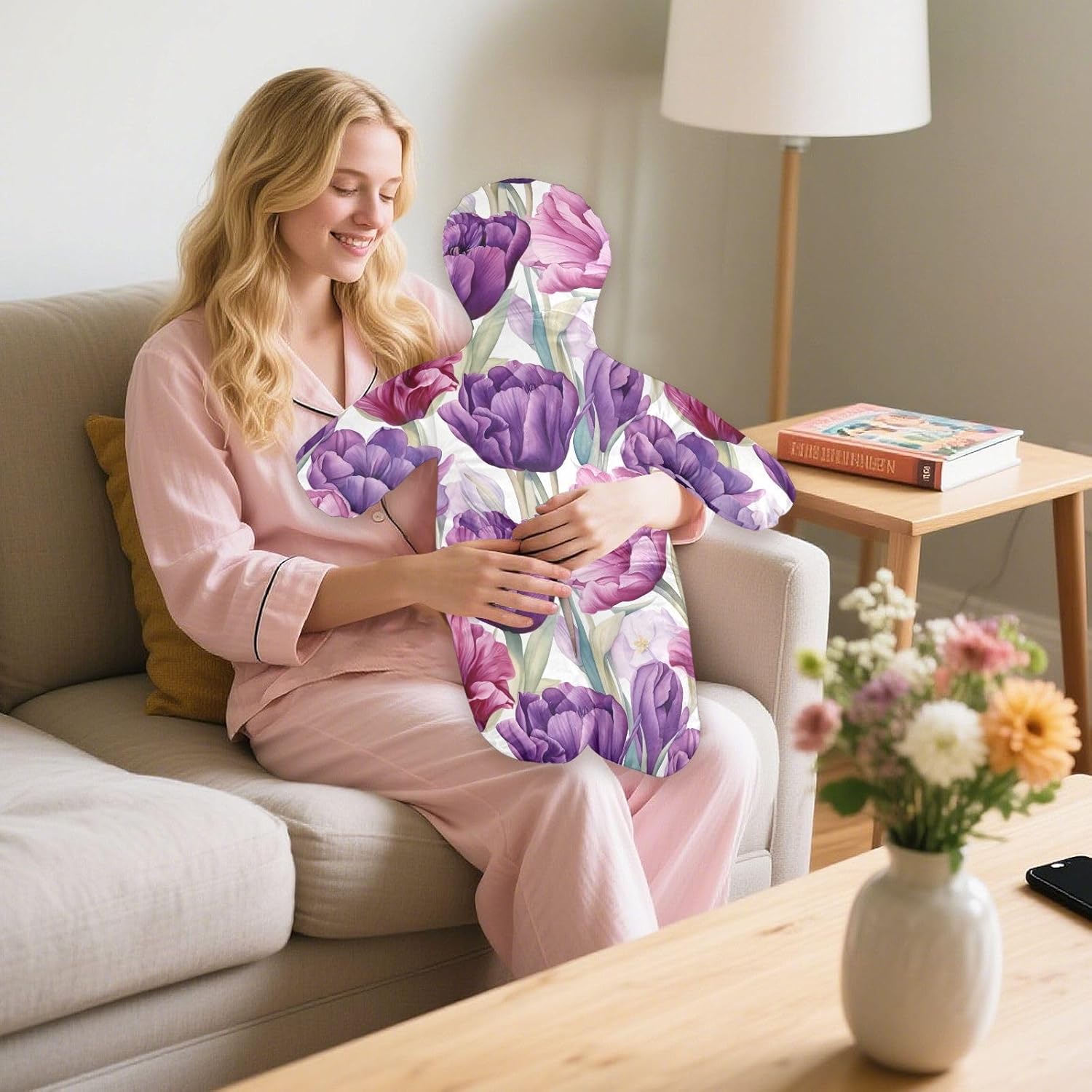 Purple Tulip Human-Shaped Pillow Soft Body Pillows Washable Velvet Pillows for Anxiety Relief Sleeping Cuddling & Support
