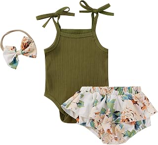 Infant Baby Girl Knit Sleeveless Halter Romper Ribbed Tank Bodysuit Tops Floral Shorts Pants Headband Summer Outfits
