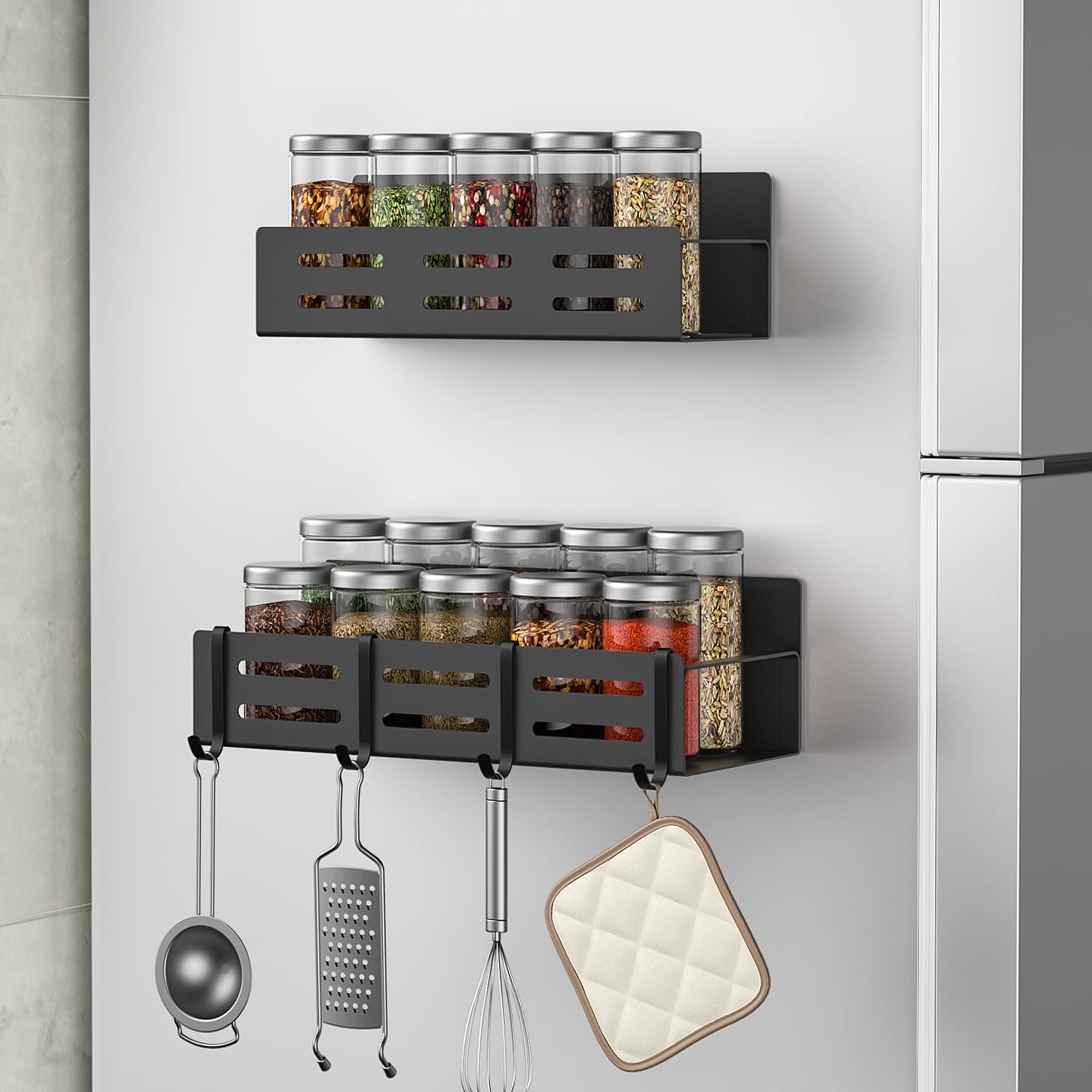 MFTEKMagnetic Spice Rack for Refrigerator, 2 Pack Spice Rack Organizer Strong Magnetic Shelf Seasoning Organizer with 4 Hook, Metal Side Fridge Storage Rack, Space Saving Kitchen Organization