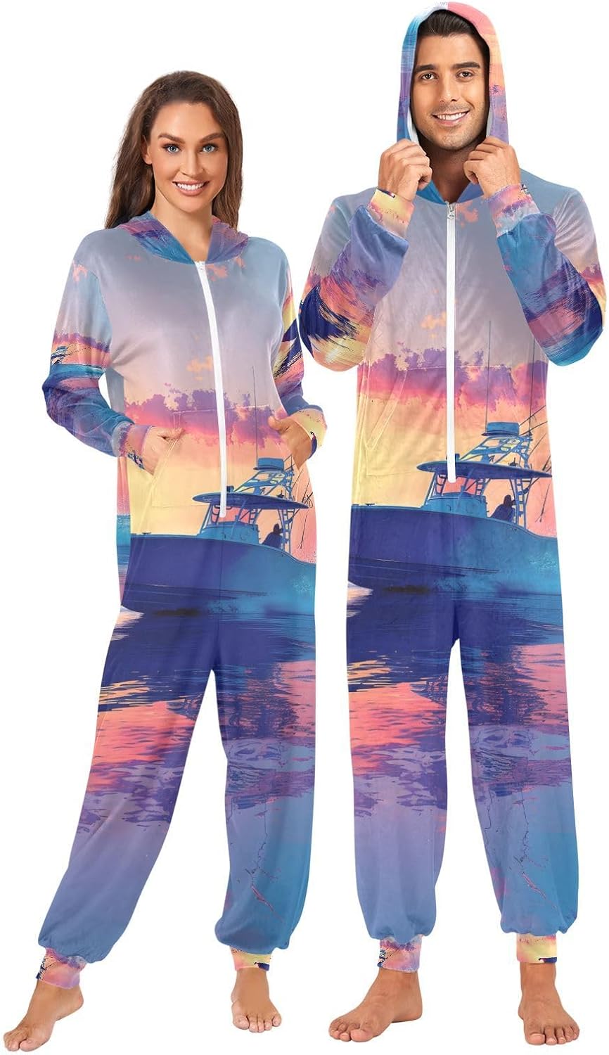 Fishing Boat Sea Sunrise Blue Adult Onesie Pajamas for Unisex Novelty One Piece Costume Sleepwear