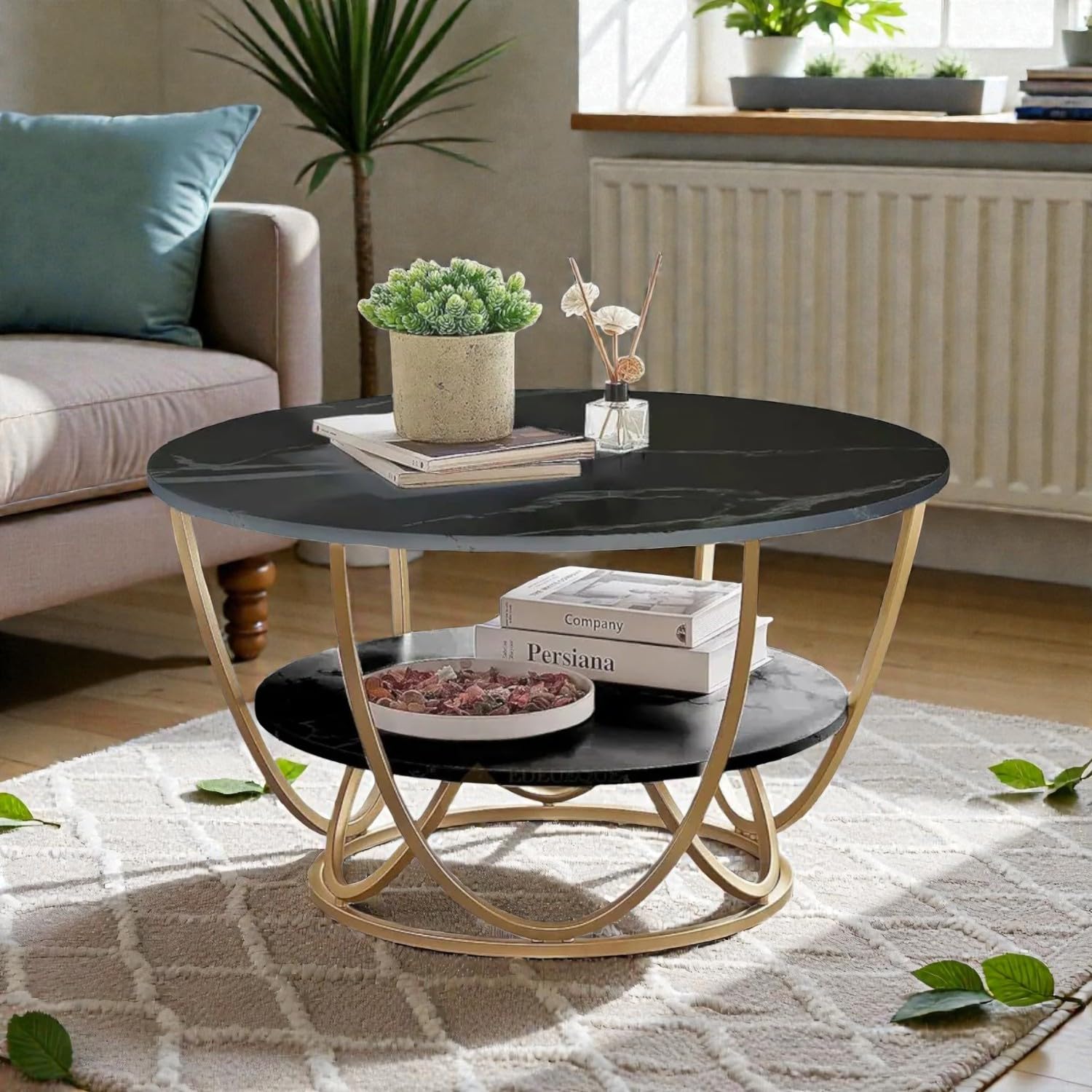 Modern Round Coffee Table with Storage Shelf - 2 Tier Metal Frame Center Table | 60 cm Diameter Engineered Wood Top | Contemporary Accent Cocktail Table with Curved Base Design (GOLD +BLACK)