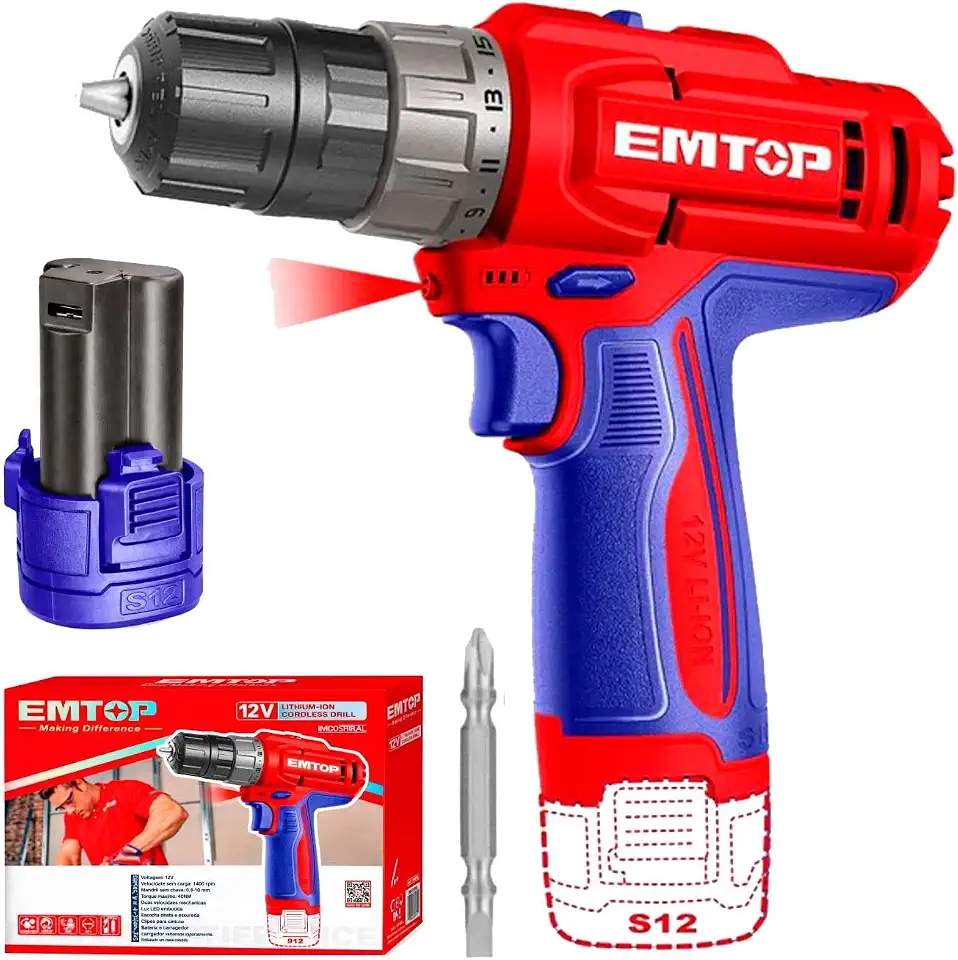 EMTOP Parafusadeira e Furadeira Sem Fio 12V 20 Nm 1500 Rpm com 1 Bateria 1.5Ah