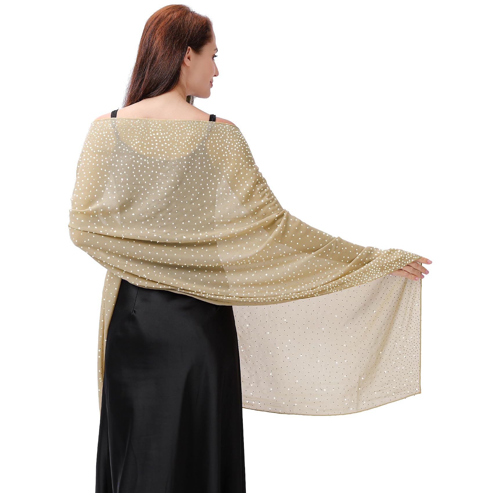 Ladiery Women's Champagne Shawl And Wraps For Evening Dresses, Soft Sheer Chiffon Sparkly Rhinestone Wedding Scarf Formal Shawl Wraps For
