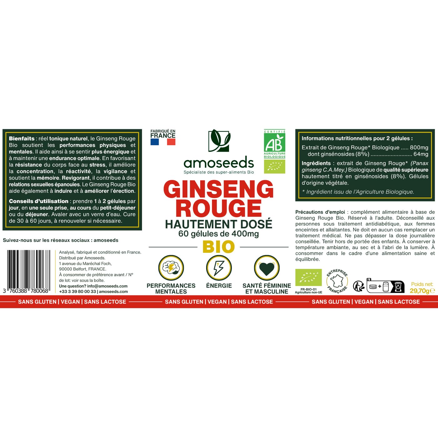 Panax Ginseng Rouge BIO de Corée | Extrait haute concentration | Énergie, Vigueur, Anti-stress, Concentration | 60 gélules de 400mg | Qualité Supérieure