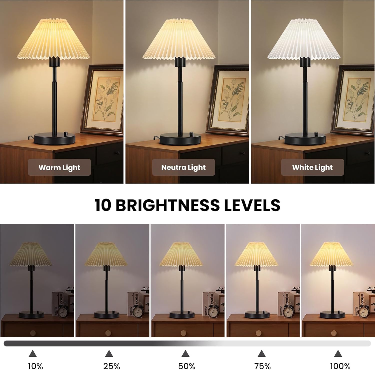 RUIYEY Table Lamp Set of 2: Rechargeable Metal Bedside Black Table Lamps with Pleated Fabric Shade, Portable Modern Vintage Farmhouse Desk Lamp for Bedroom, Living Room, Night Light, Office image 5