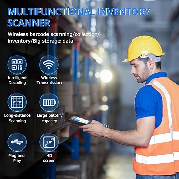 1D 2D Barcode Scanner Wireless, JRHC Portable Inventory Scanner & PDA Data Collector PDT Inventory Device with Long Transmission Distance Wireless Bar Code Reader with 2.8 LCD Screen