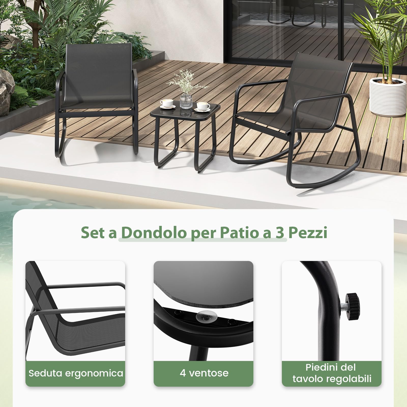 COSTWAY Set Bistrò 3 Pezzi, Sedie a Dondolo Ergonomiche Textilene, Tavolino Vetro Temperato, Struttura Metallo, Nero