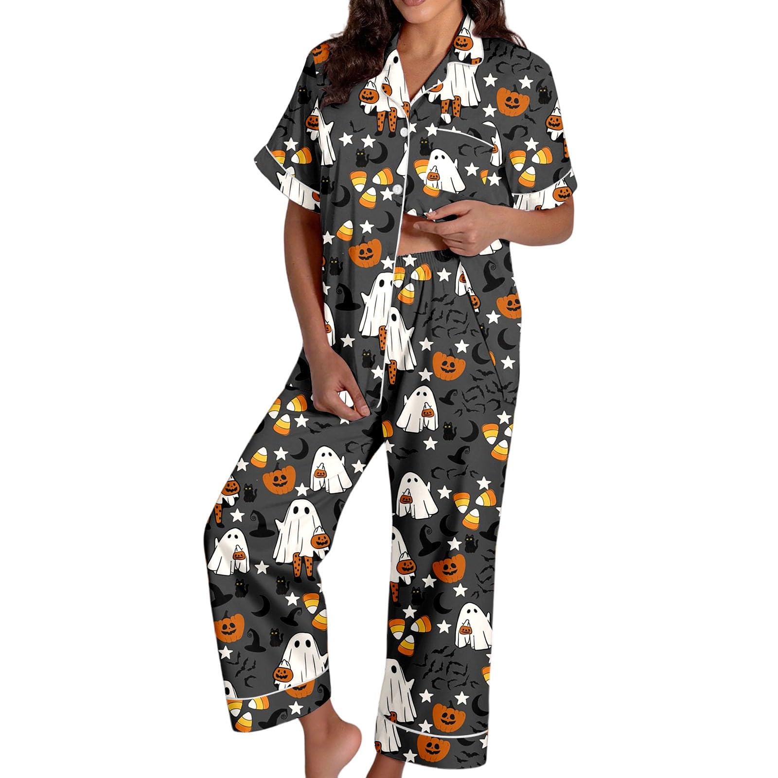 Genérico Conjuntos Pijama Mujer Halloween Satén Seda Manga Corta Abotonado Pantalones Cortos Ropa Dormir Cómoda Elegante Otoño Invierno