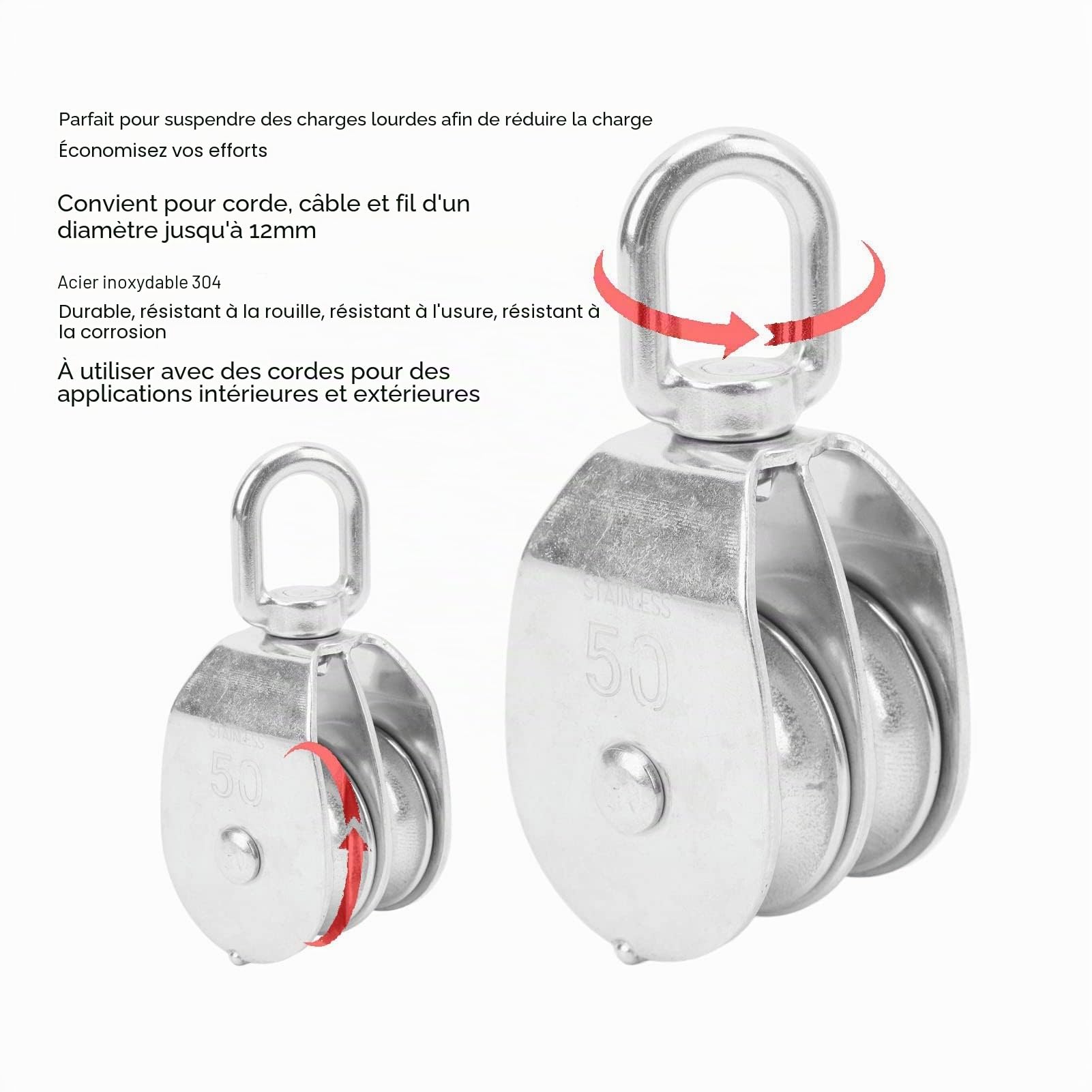 Double poulie M50, polyvalente, de 400 kg, économie de main-d'œuvre, 2 pièces, double poulie de levage robuste pour suspension de grue