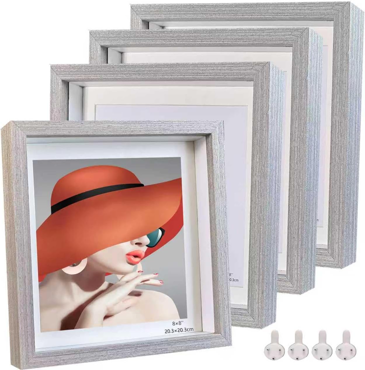 Grey 8x8 Shadow Box Frame Solid Wood Shadow Box Memory Display Case Glass Surface Internal Depth 0.6 inch for Wall or Tabletop（4 Pack）