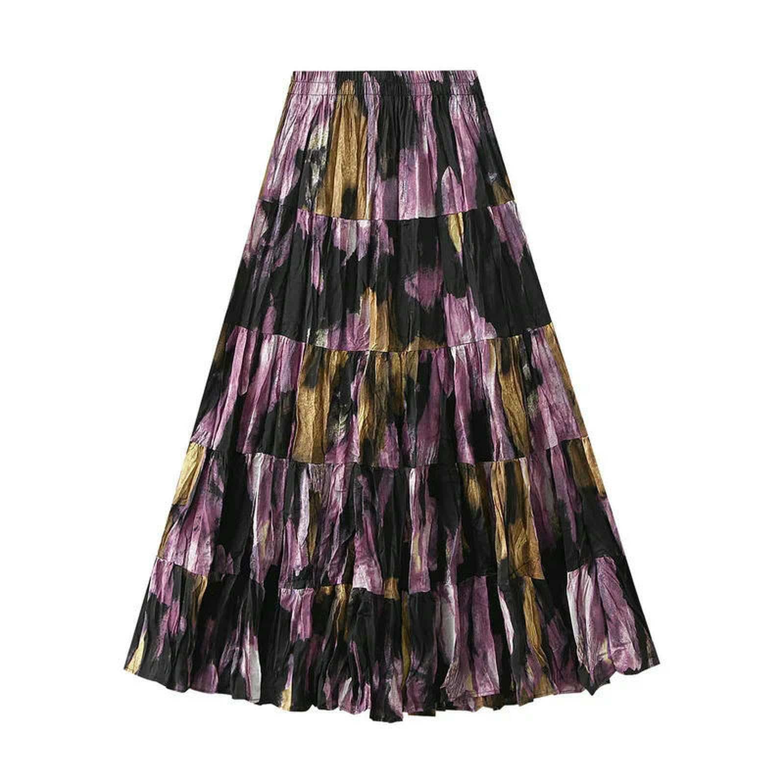Gonna Lunga Stampa Floreale Elegante Piegato Gonne Lunghe Donne Primavera Estate Moda A-Line Sciolto Alta Vita Casual-Red-One Size