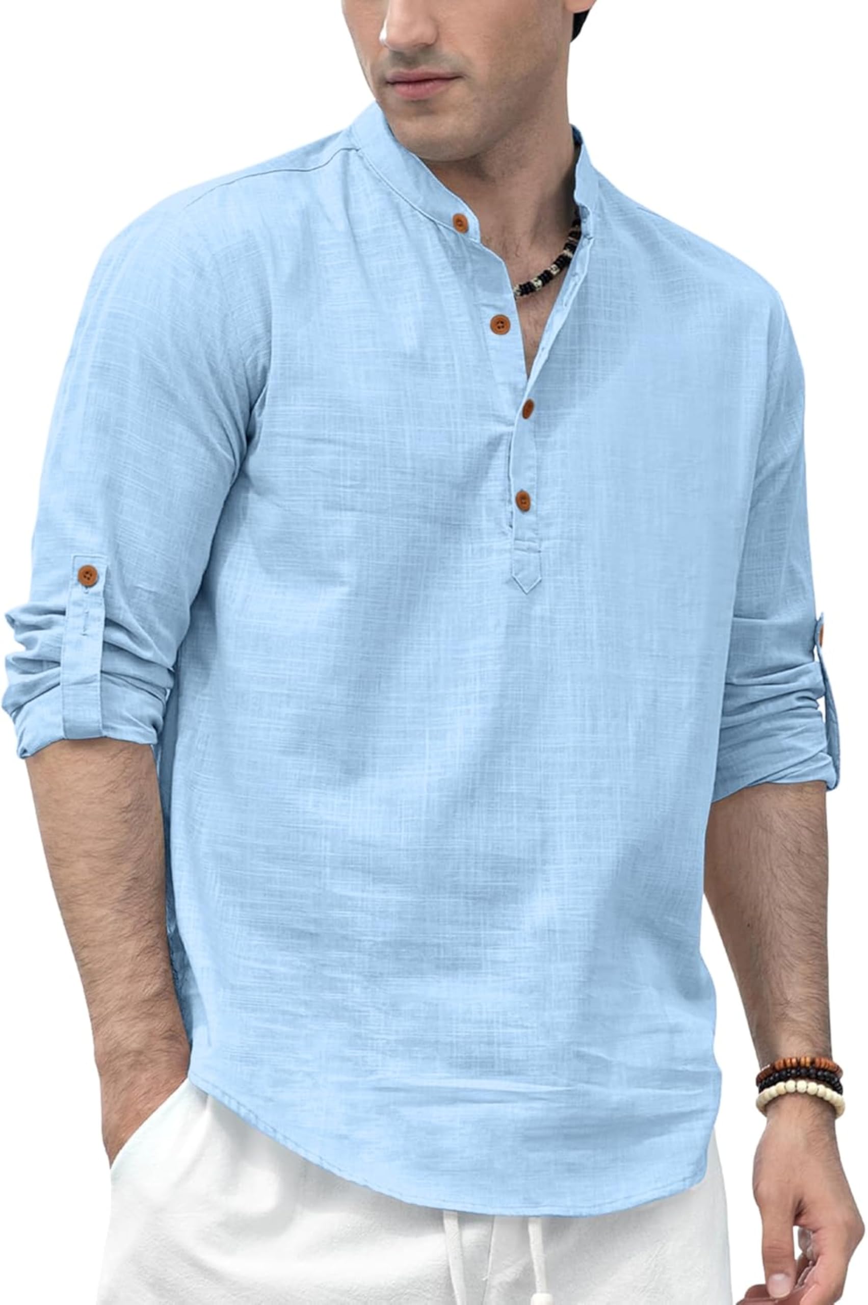 Zombom Men's Sky Blue Kurta Shirt Made From Solid Cotton Blend, Straight, Regular Fit, Full Sleeves, Short Kurta Shirt, 4XL