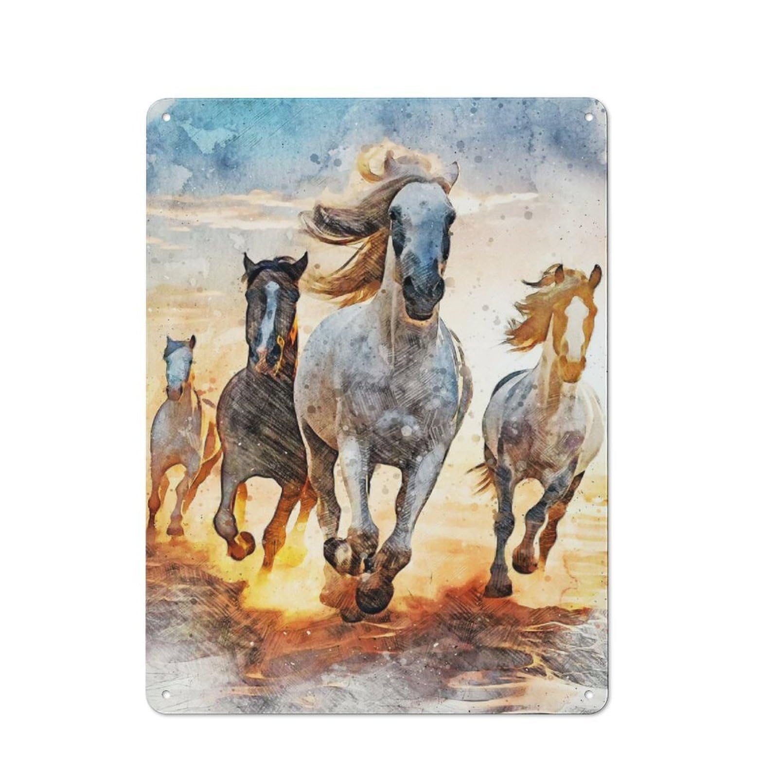 Junmoney Running Horses Watercolor Old Fashioned Retro Metal Sign 40X30cm Featuring Vintage Wall Decor For Kitchen, Hallway, Bar Or Small Cafe