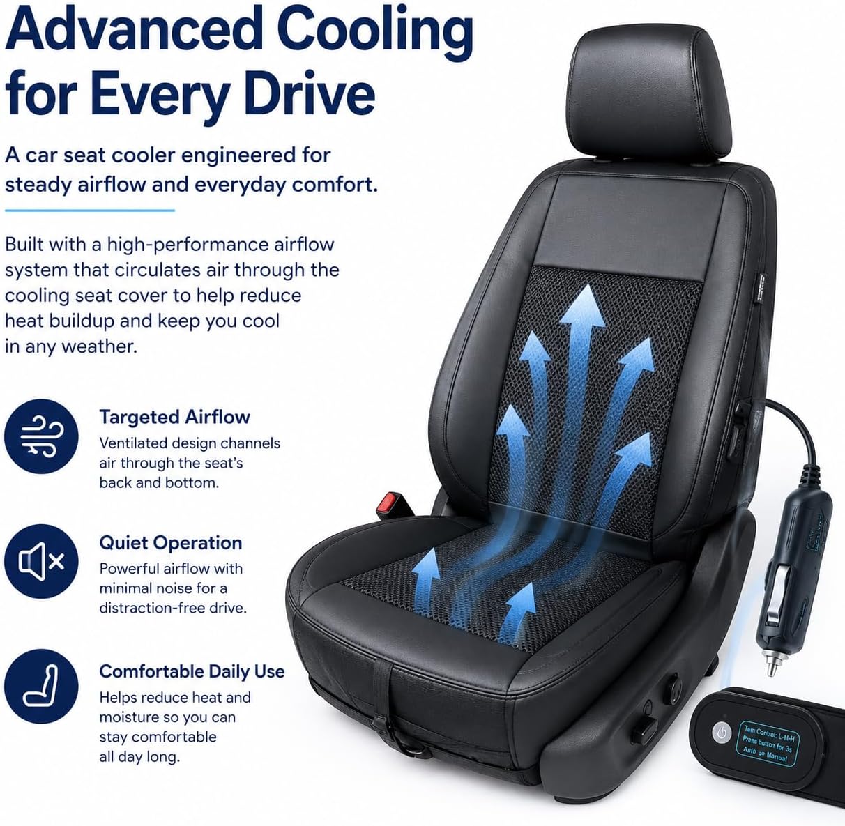 Cooling Car Seat Cover – Ventilated Car Seat Cooler with 10 Turbo Fans & Wired Remote, 3-Speed Cooling Seat Cushion, Universal Fit Car SUV Truck, Breathable 3D Mesh Leather