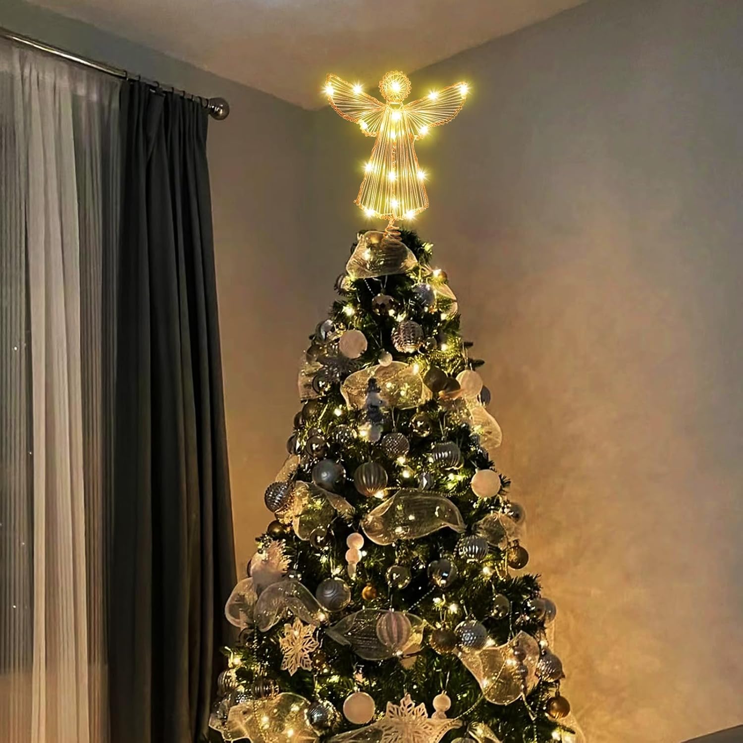 Christmas Angel Tree Topper Gold, Glitter Hollow Wire Angel Xmas Tree Toppers, App Control LED Christmas Light Powered by USB, Tree Topper Star for Holiday Party Gift Décor