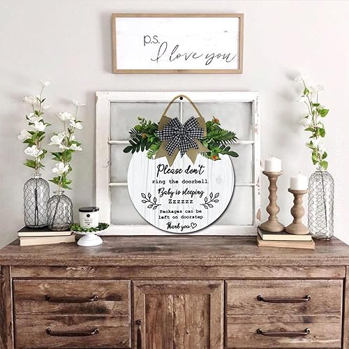 Miniatura 6 de Letrero de sueño de bebé para puerta delantera, de 11 pulgadas, con texto en inglés Please Don't Ring The Doorbell Baby Is Sleeping Packages Can Be