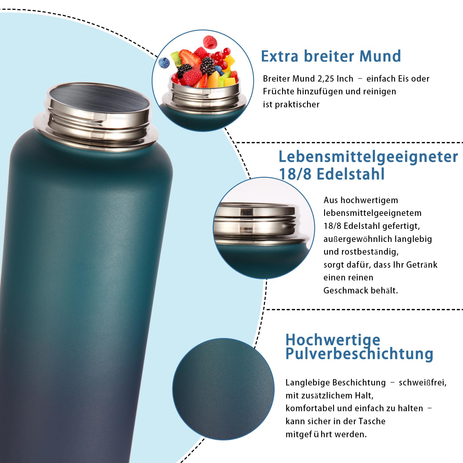 Volhoply 1000ml Trinkflasche Edelstahl, 1 Liter vakuumisolierte doppelwandige Thermosflasche mit Strohhalm und Griff, inkl. 2 Deckeln, BPA-frei Isolierflasche für Outdoor Sport(Nachtschwarz,4er-Set)