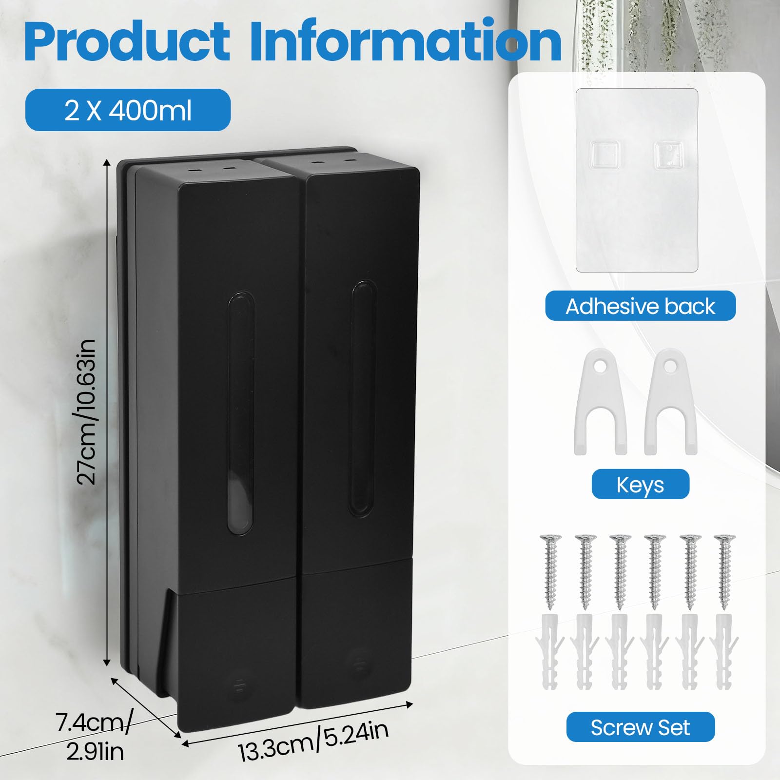 2er 400ml Seifenspender Wandbefestigung Shampoo Flaschen zum Befüllen Dusche Shampoo Spender Duschgel Soap Dispenser ohne Bohren Duschgelspender Spülmittelspender für Dusche Küche Badezimmer