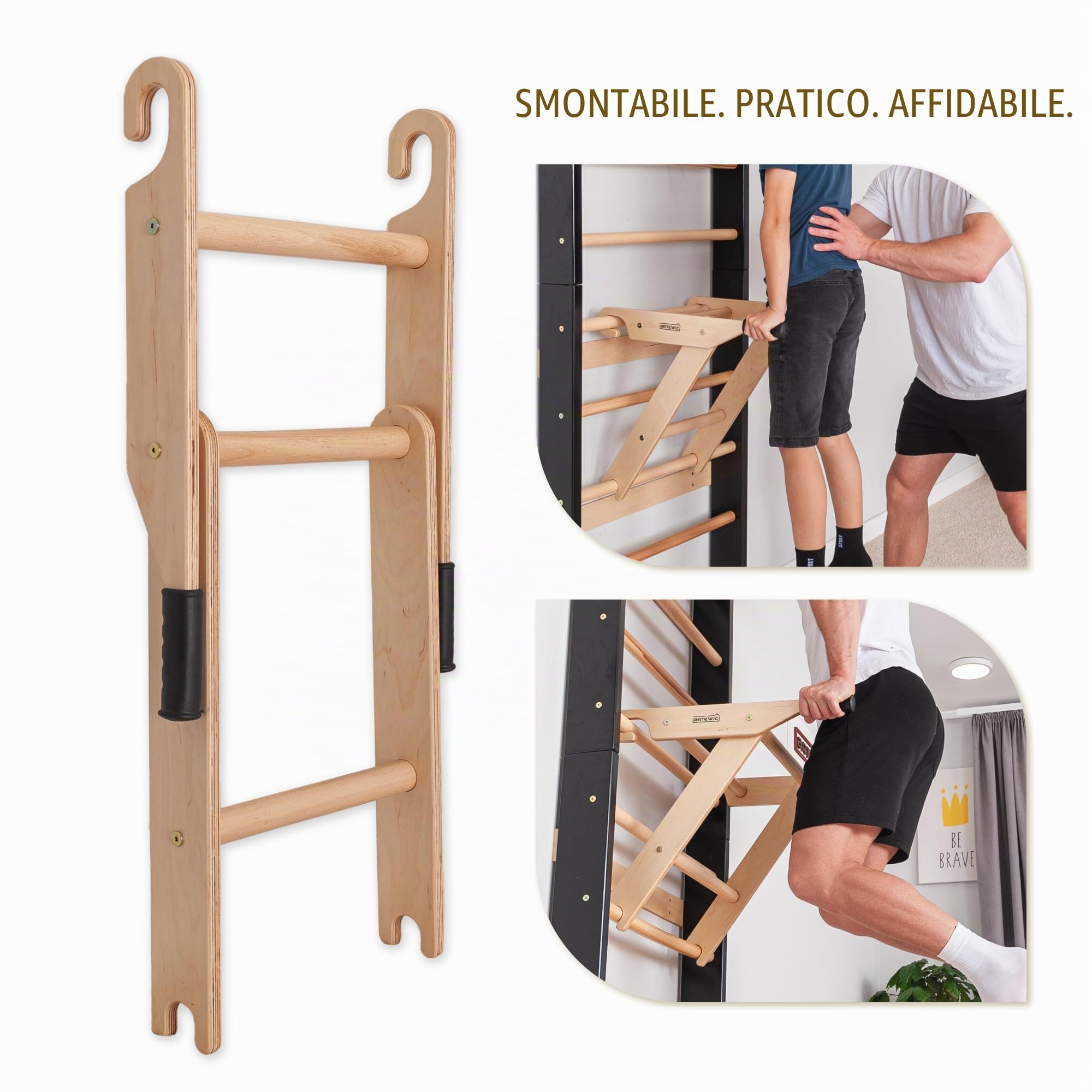 Spalliera Svedese con Barra per Trazioni e Parallele per Bambini e Adulti – Parete da Arrampicata in Legno, Attrezzo Fitness Multifunzione con Impugnatura per Trazioni (Nero)