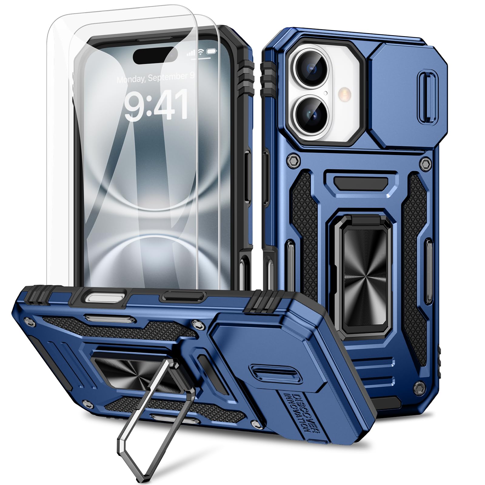 Loyhee Funda Para IPhone 16e (6.1") Con Cubierta Deslizante Para Cámara Y Soporte Anillo 360° – PC Dura Y TPU Suave, Protección Anticaídas Y Privacidad (Negro)
