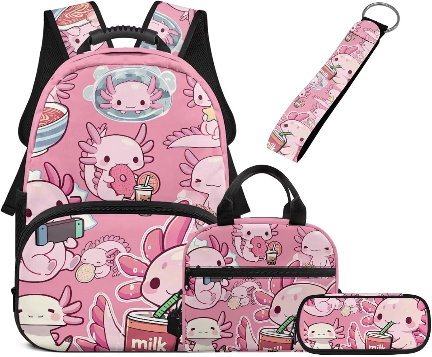 Xpyiqun Cute Axolotl Backpack with Lunch Box Kids Girls 8-10/10-12 Elementary Bookbag for 2nd Grade Student Anime Book Bag 4PCS Primary Back Pack and Lunchbox Pencil Case Keychain Set