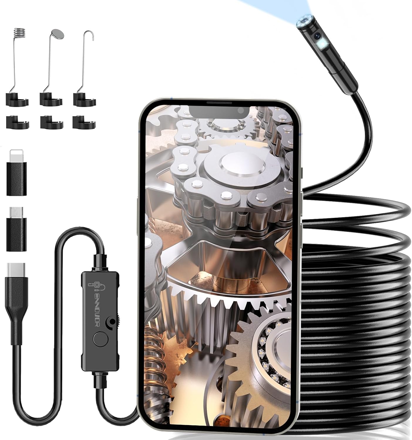 Endoscopio per Smartphone Doppie Testa 1920P HD, Sonda Telecamera Impermeabile IP67 con 8+1 LED, Telecamera Endoscopica con Cavo Semirigido da 10 m, Compatibile con Android e iOS senza WiFi