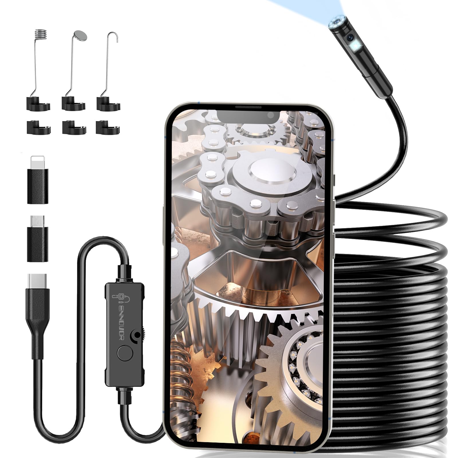 Ennovor Endoscope for Smartphone Dual Head 1920P HD, IP67 Waterproof Camera Probe with 8+1 LED, Endoscope Camera with Semi-Rigid Cable 10 m, Compatible with Android and iOS without WiFi