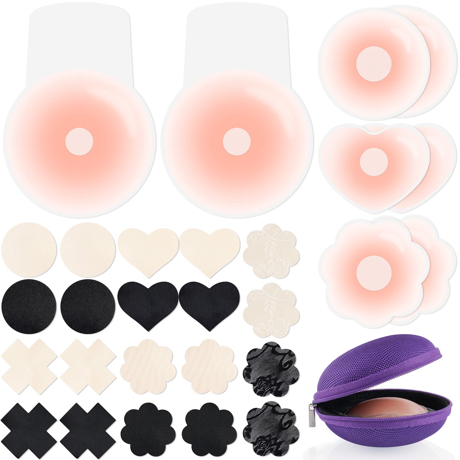 14 Pairs Nipple Covers Adhesive Breast Petals with Travel Pouch, Reusable Silicone Sticky Bra Disposable Fabric Nipple Pasties Invisible Breast Lift Nippleless (Bundle Pack)