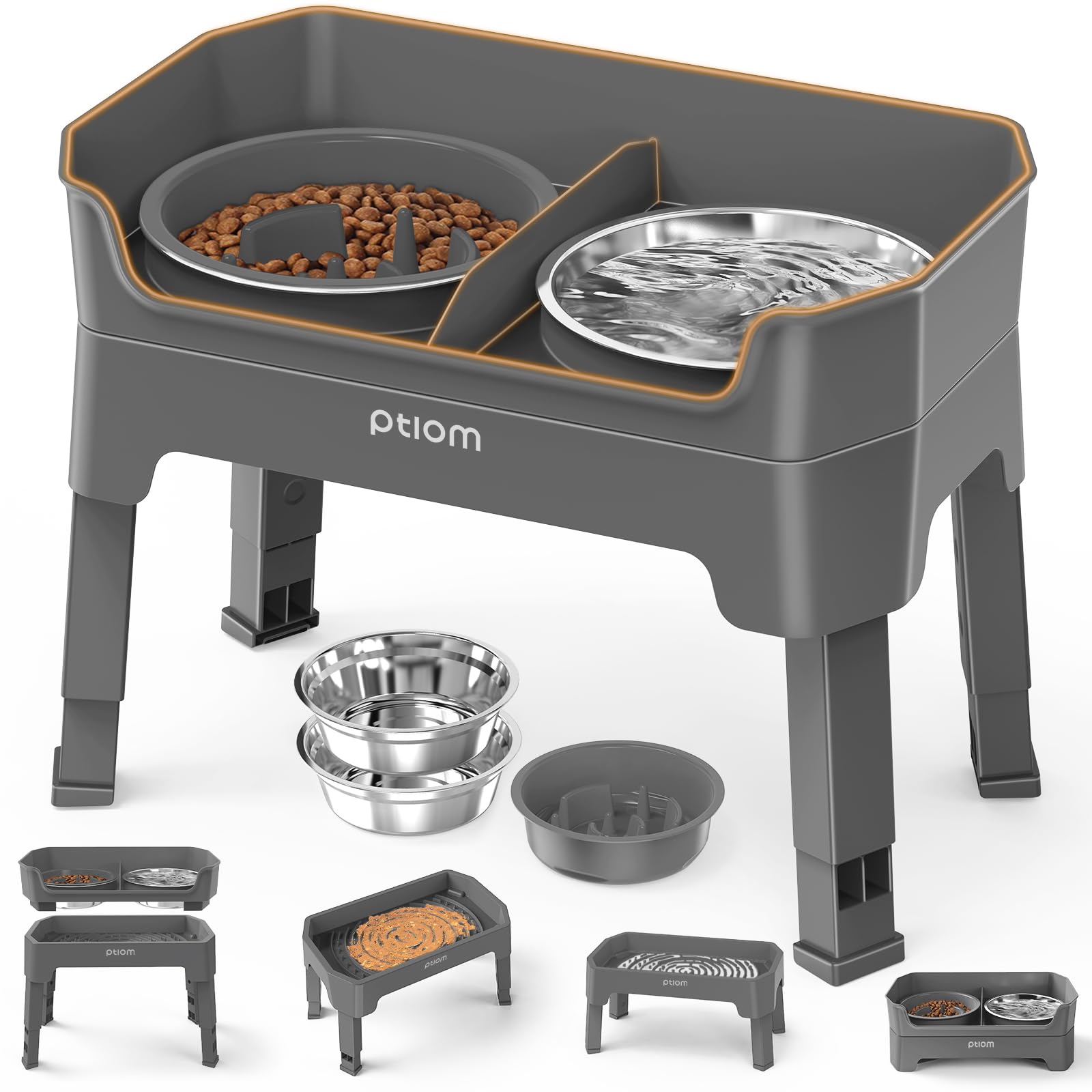 KPWACD 4-in-1 Elevated Slow Feeder Dog Bowls, 4 Height Adjustable Mess Proof Raised Dog Bowl Stand with Licking Plate, 2 Stainless Steel Dog Food Bowl & Slow Feeder for Large Medium Small Dogs Pets